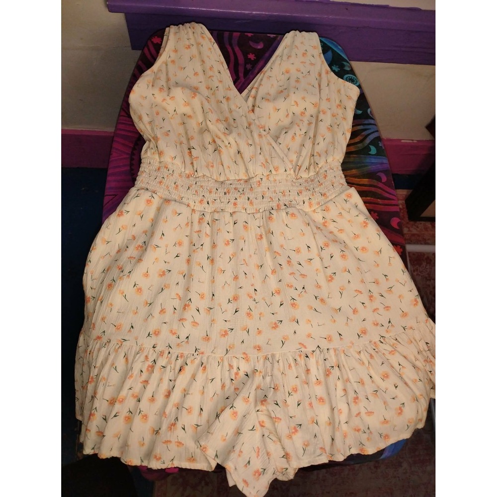 Large American Eagle Cream & Orange Floral Romper Deep V Neck Coquette Boho